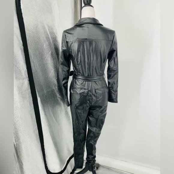 Black Vegan Leather Faux Leather Long Sleeve Belted Bodycon Jumpsuit Playsuit - Picture 16 of 17